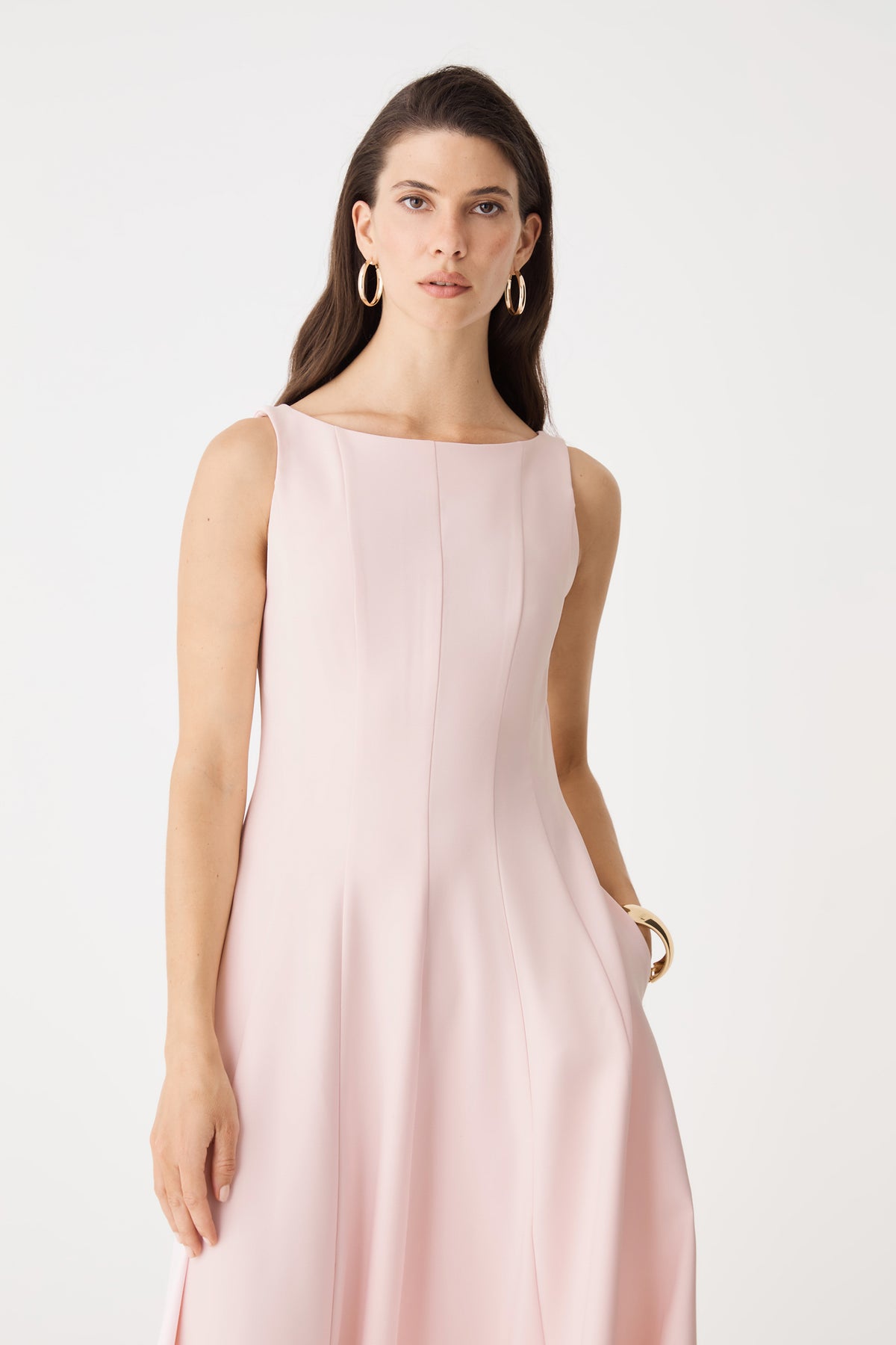 Front detail of the sleeveless bodice and waist seams in Fairy Floss pink