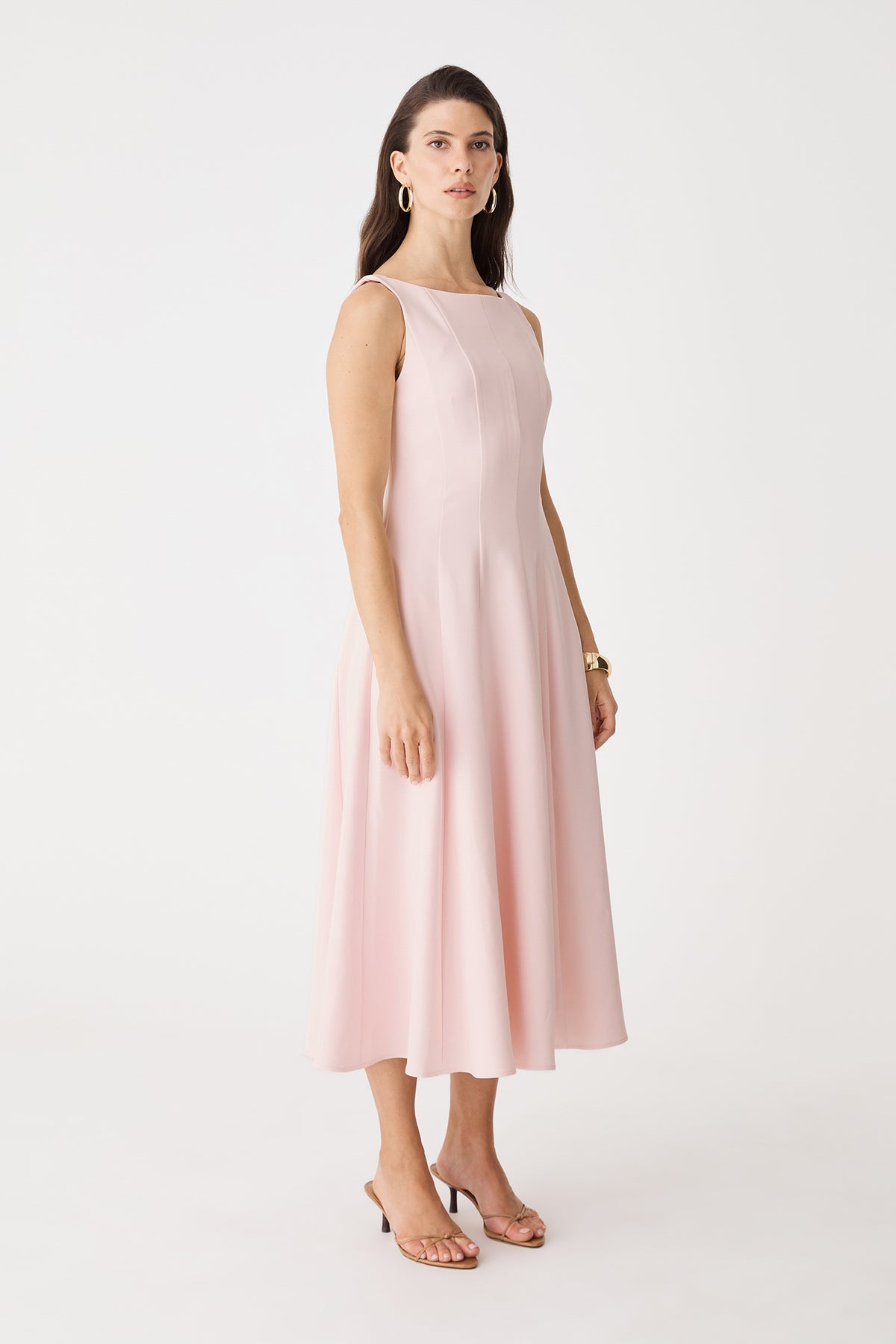 Sally Panel Midi Dress in Fairy Floss pink, side-on full-length view with flared skirt