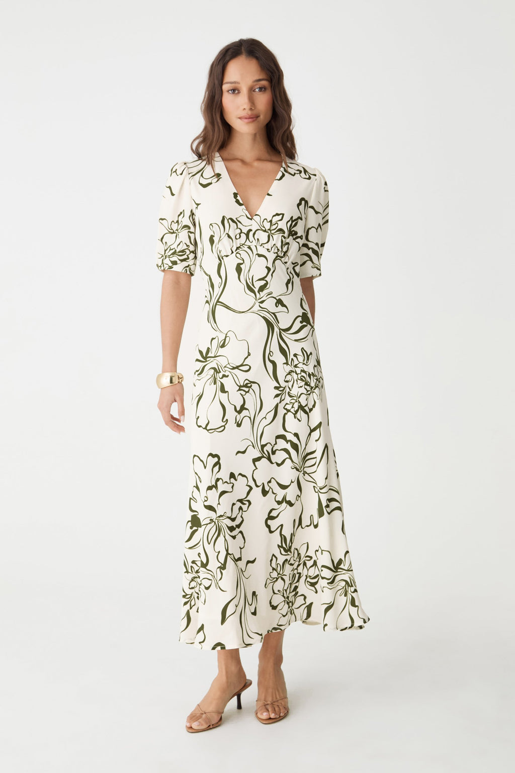Natalie V-Neck Floral Dress in cream and olive floral print, front view with puff sleeves