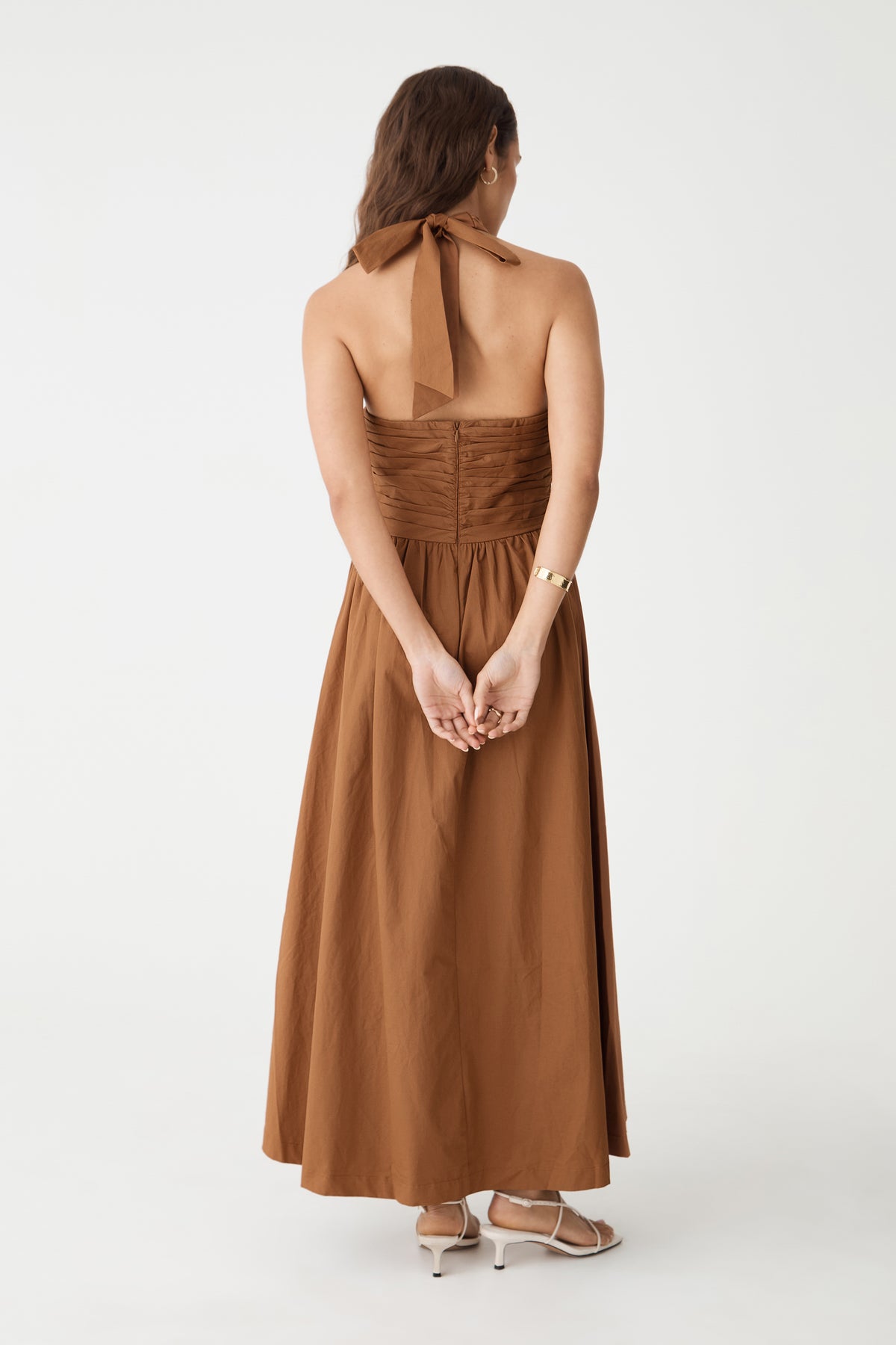 Back view showing open back and neck tie in ginger