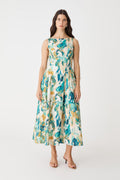 Liza Gather Detail Print Dress in multi colour floral print, front view of sleeveless A-line midi dress