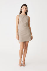 Lydia Sleeveless Mini Dress in Driftwood, full-length front view with heeled sandals