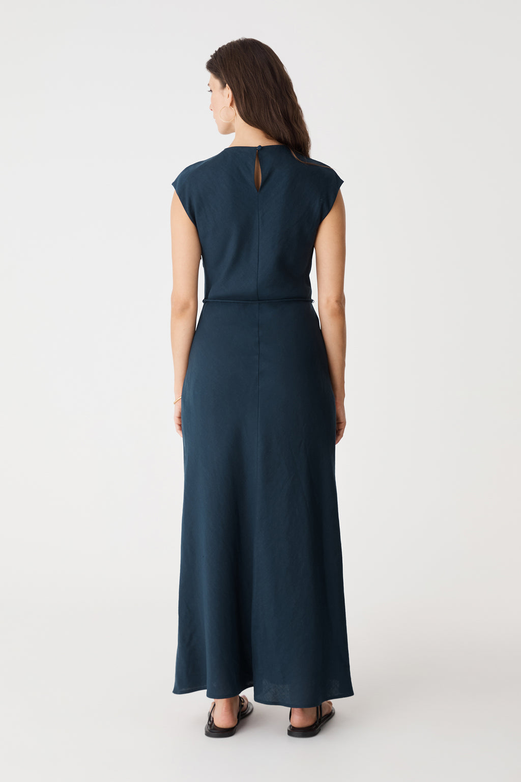 Back view of the navy maxi dress, full length