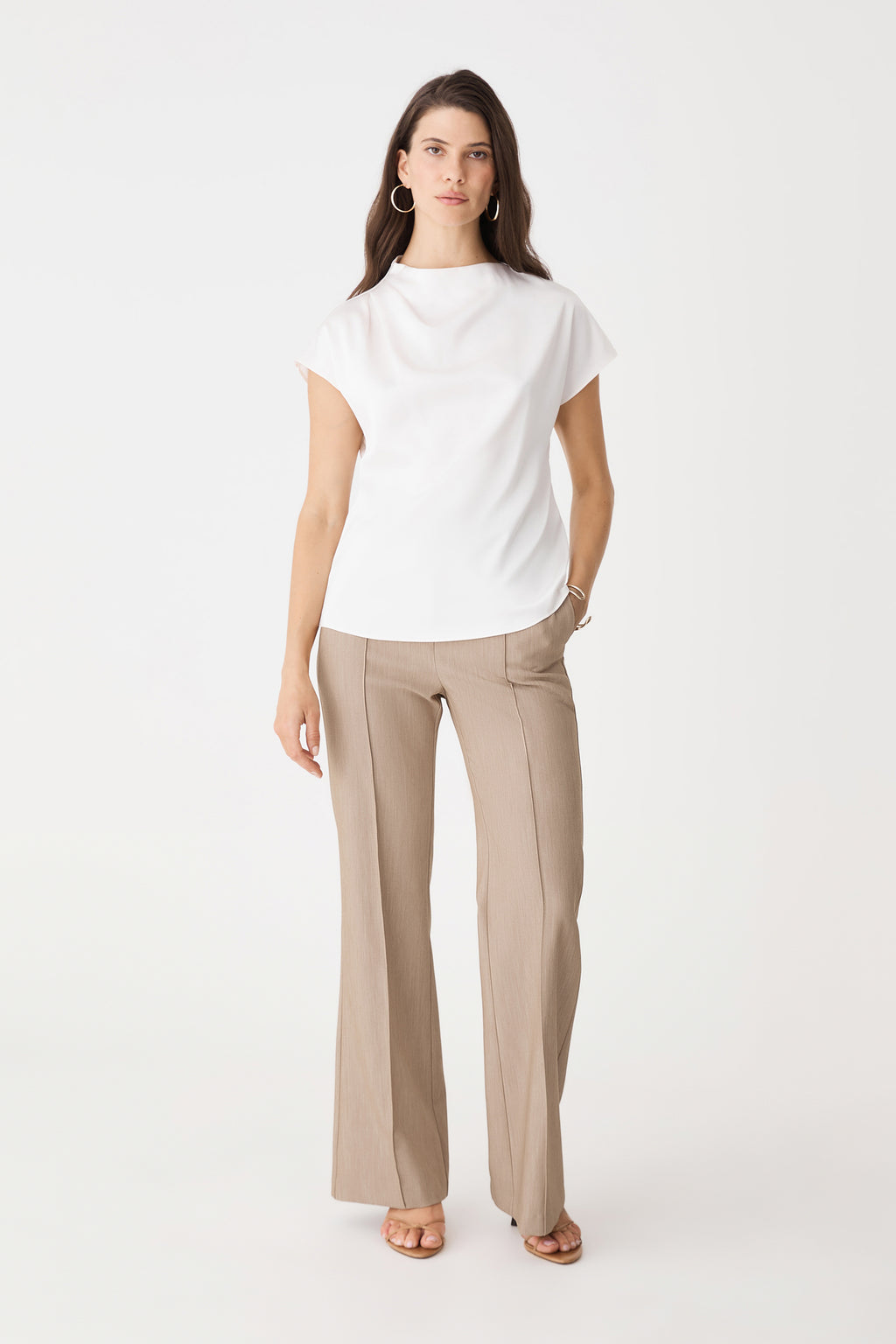 Julia Bootleg Pants in taupe, front view worn with a white short-sleeve top