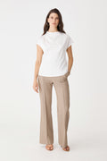 Julia Bootleg Pants in taupe, front view worn with a white short-sleeve top