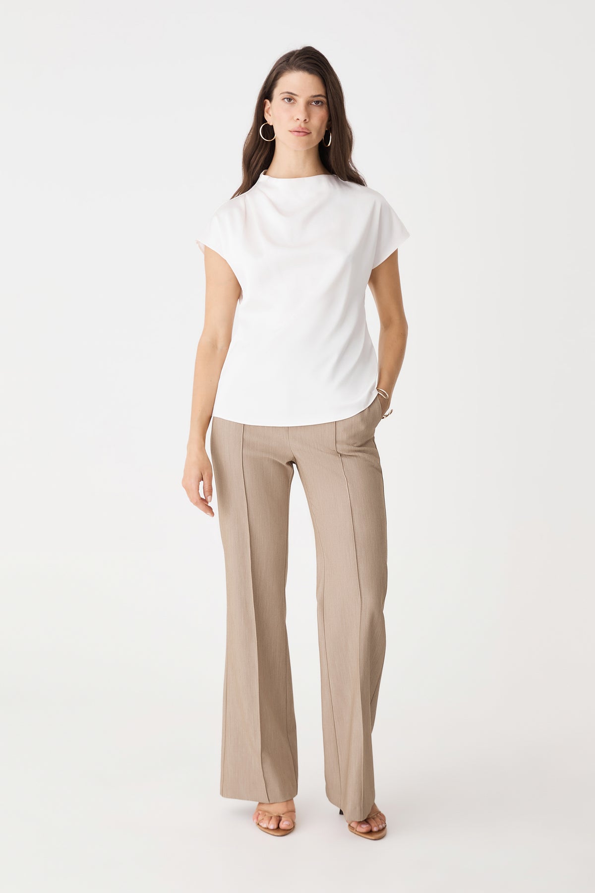 Julia Bootleg Pants in taupe, front view worn with a white short-sleeve top