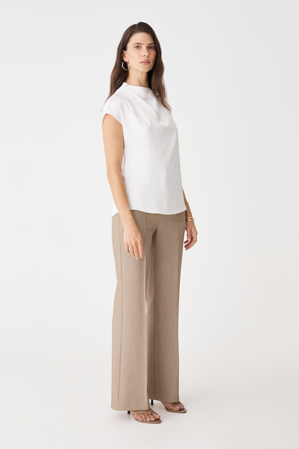 Side view of Mocha Julia Bootleg Pants with white sleeveless top
