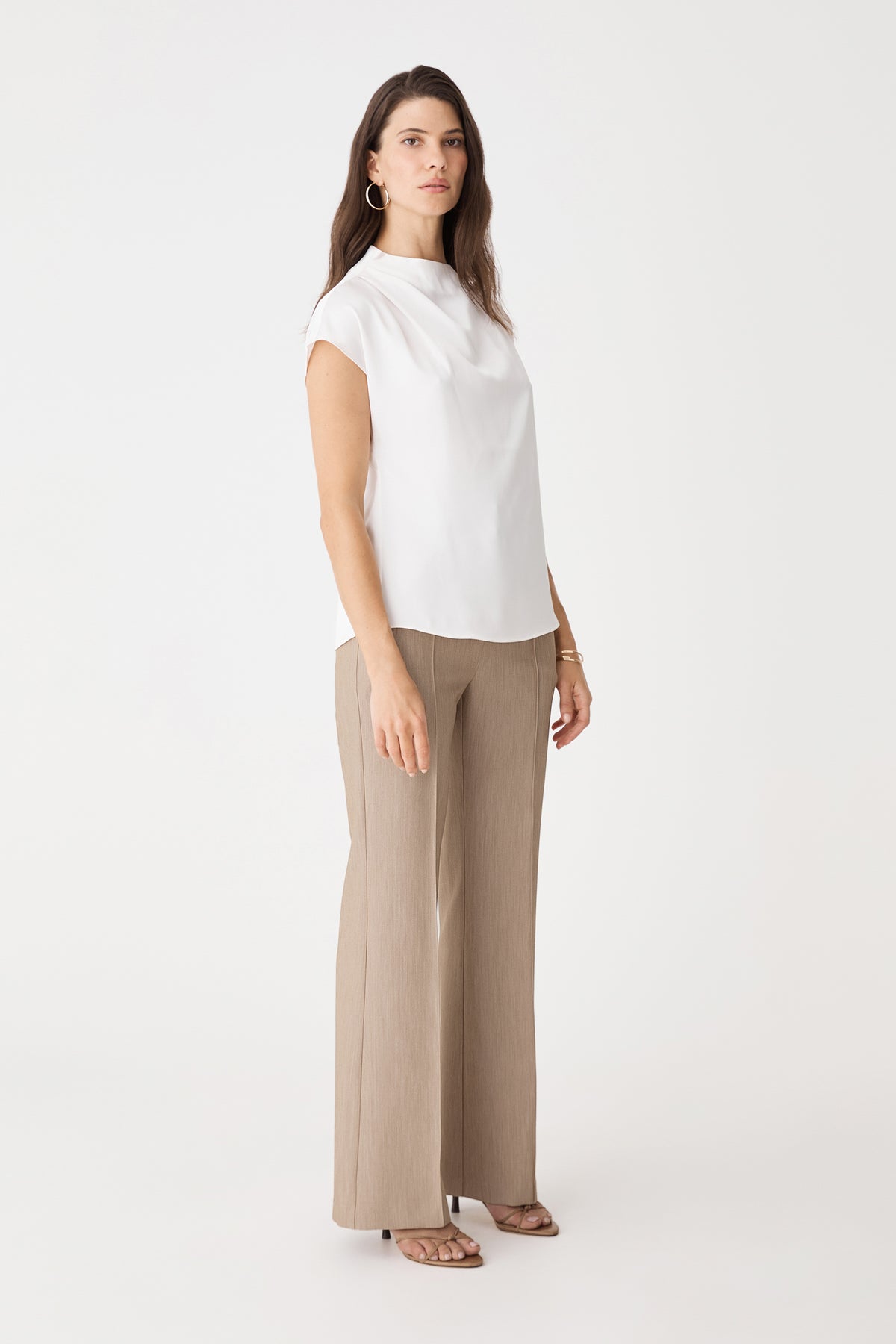Side view of Mocha Julia Bootleg Pants with white sleeveless top