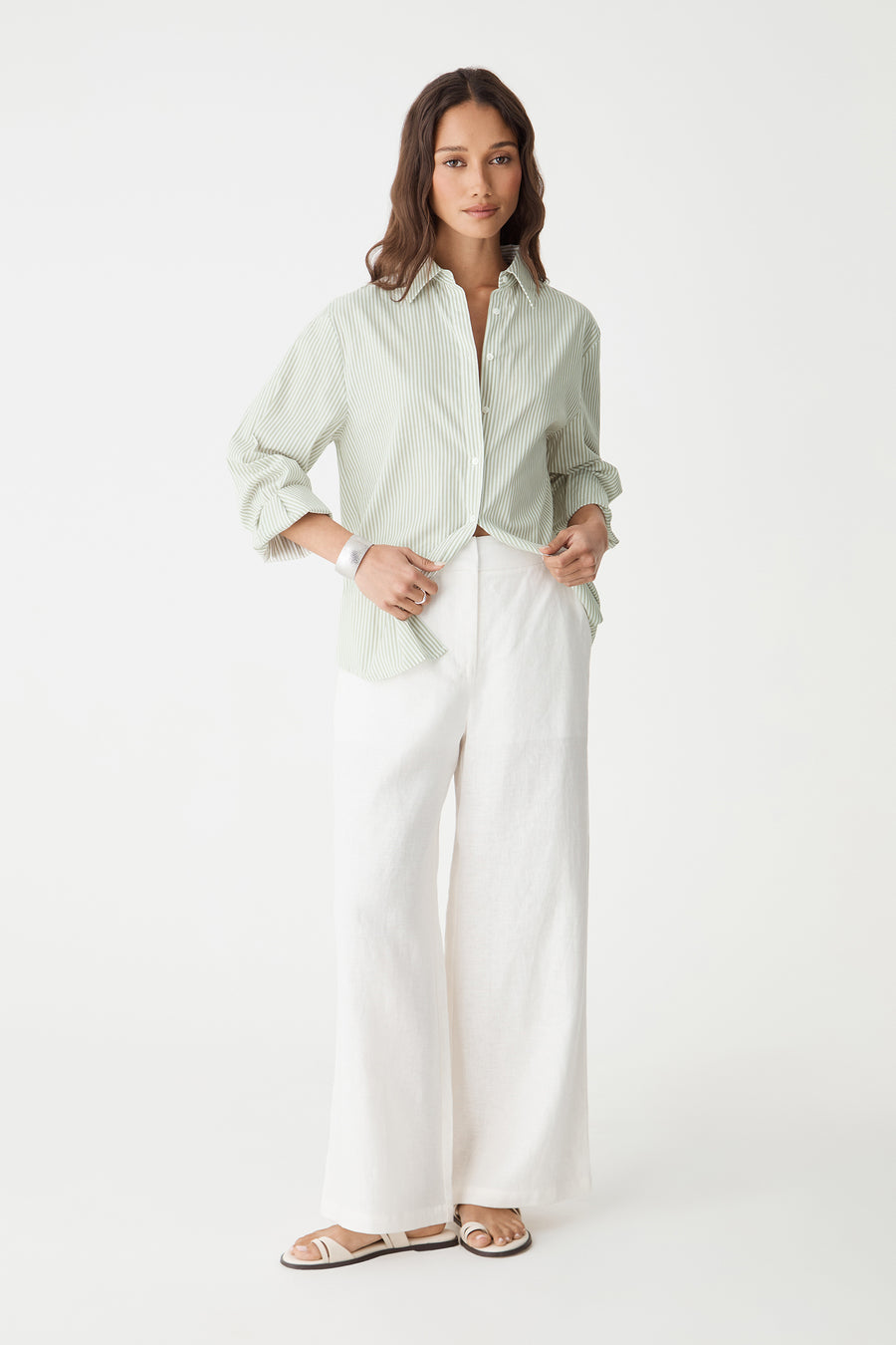 Ami 2 Linen Elastic Back Pants in ivory, front view worn with a pale green shirt