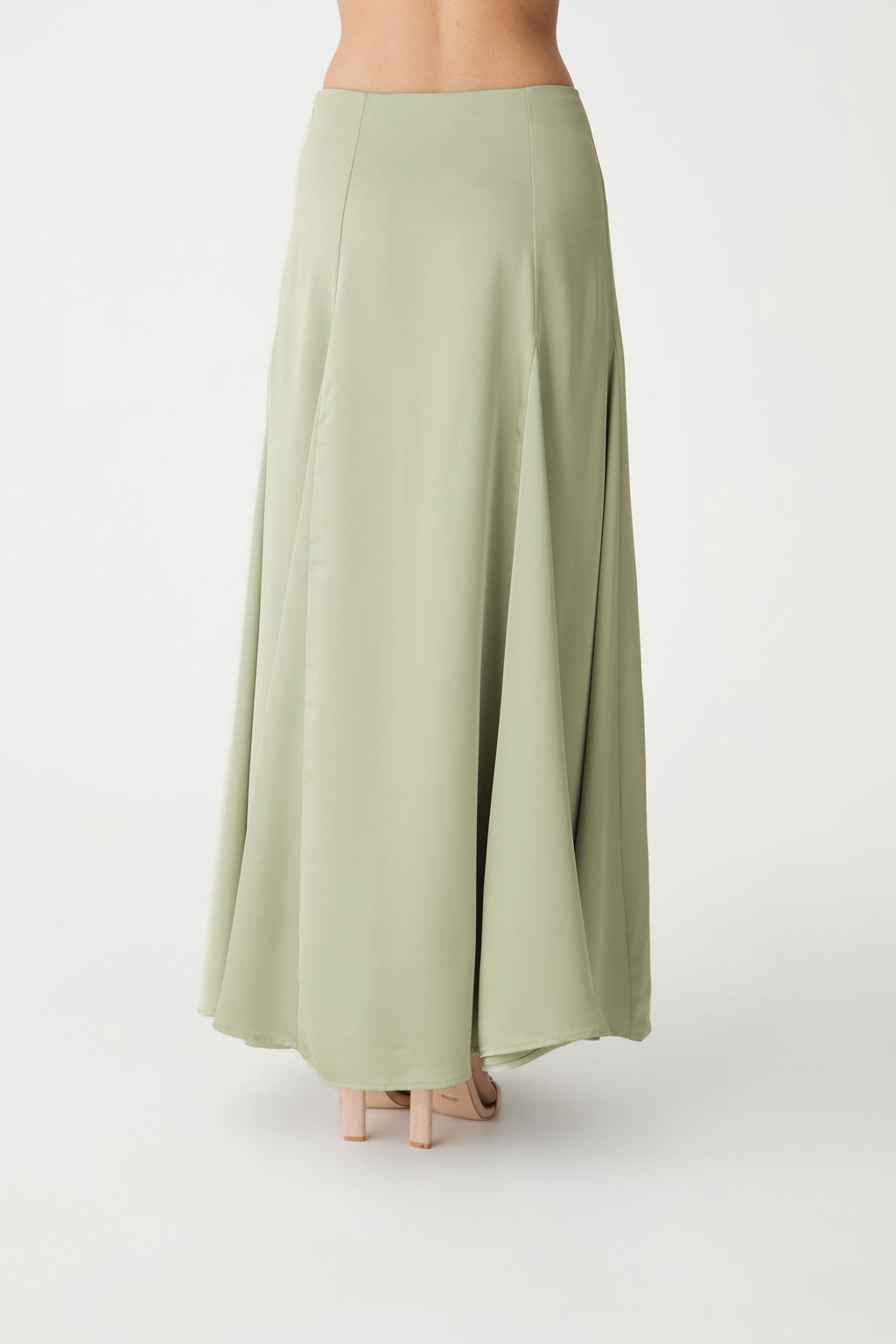 Freya Satin Godet Skirt in pistachio — back view