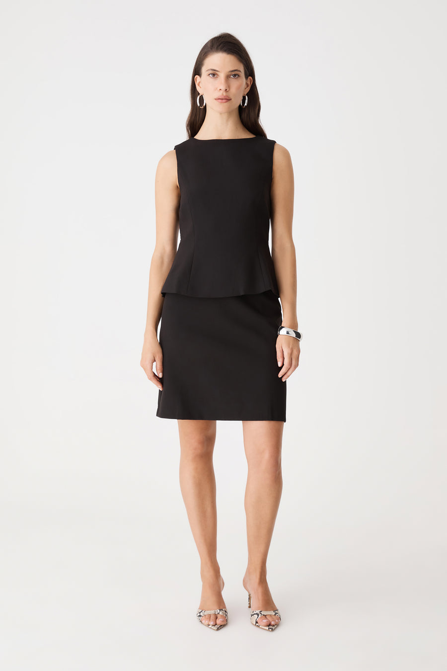 Melanie 2 Tailored Skirt in black, front view worn with matching sleeveless top