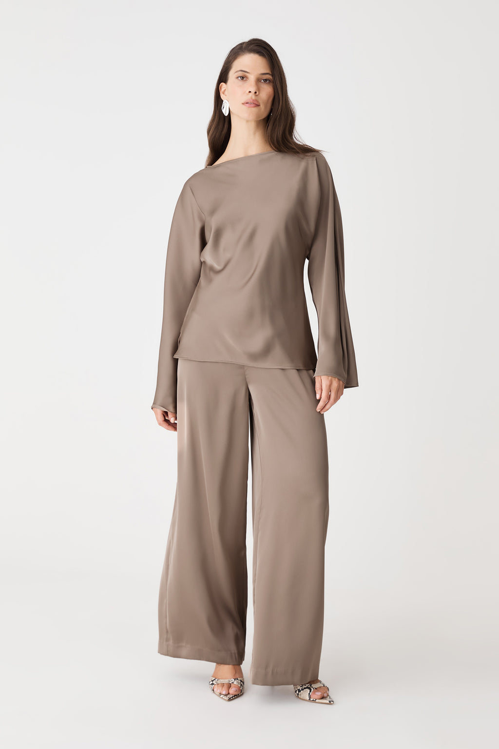 Asma Satin Bias Top in mocha, front view worn with matching satin wide leg pants