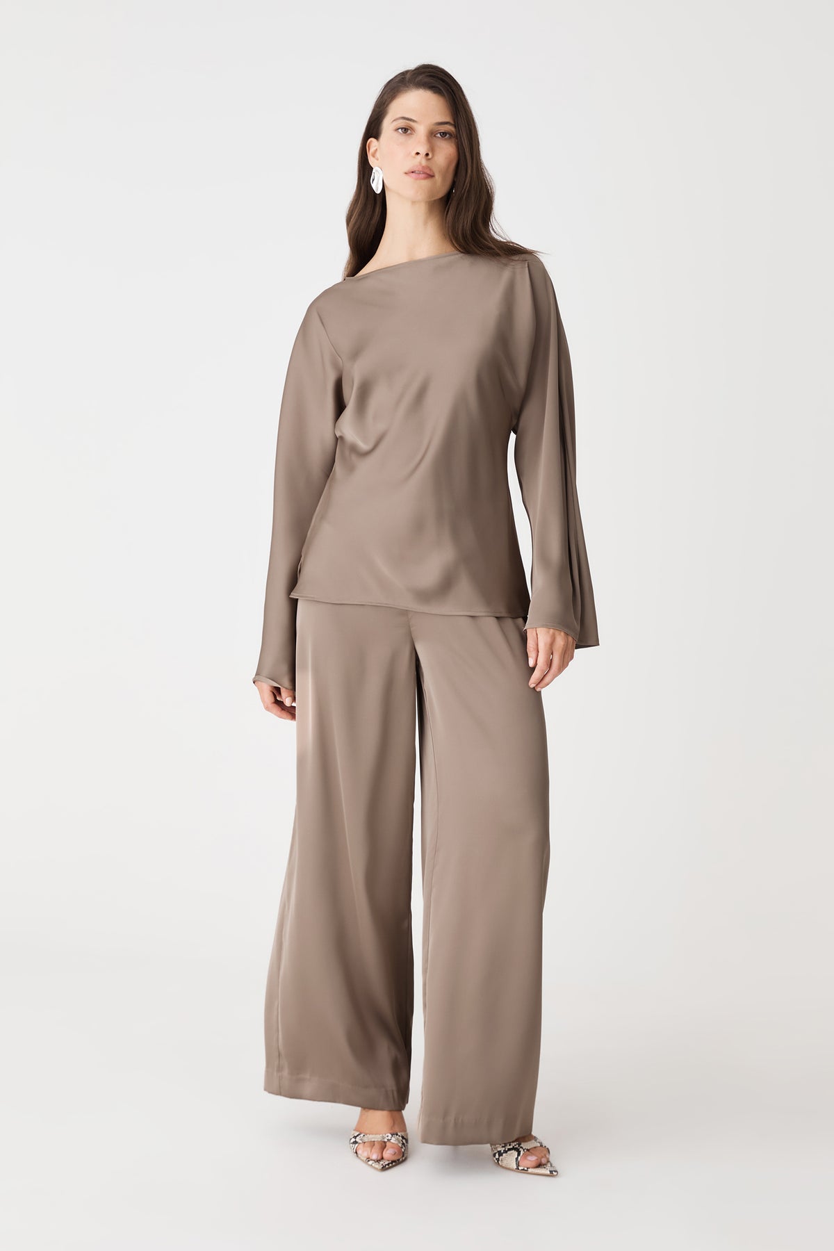 Asma Satin Bias Top in mocha, front view worn with matching satin wide leg pants