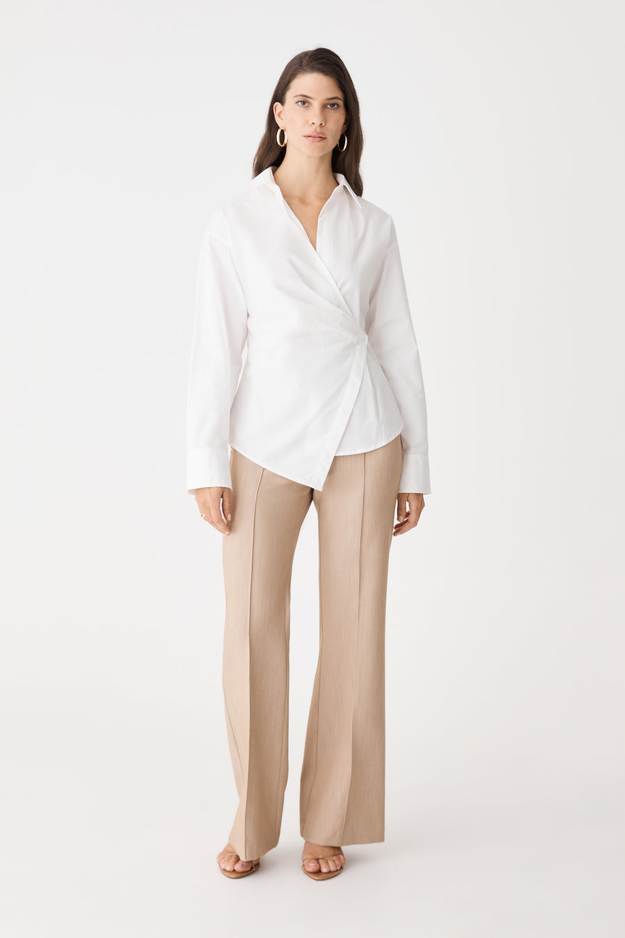 Katrina Wrap Shirt in ivory, front view worn with beige wide-leg trousers