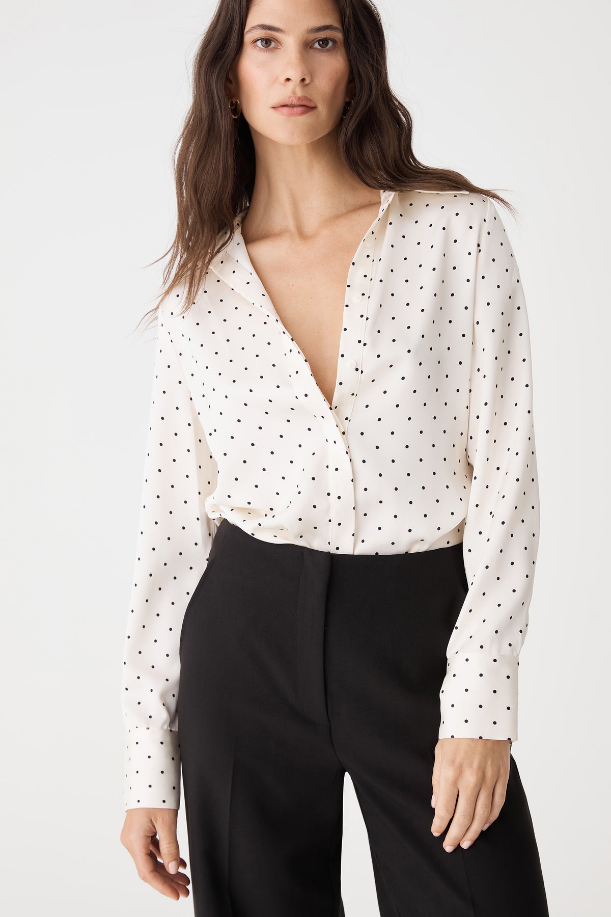 Close-up of the Courtney Satin Spot Shirt showing the polka dot print and button-up front