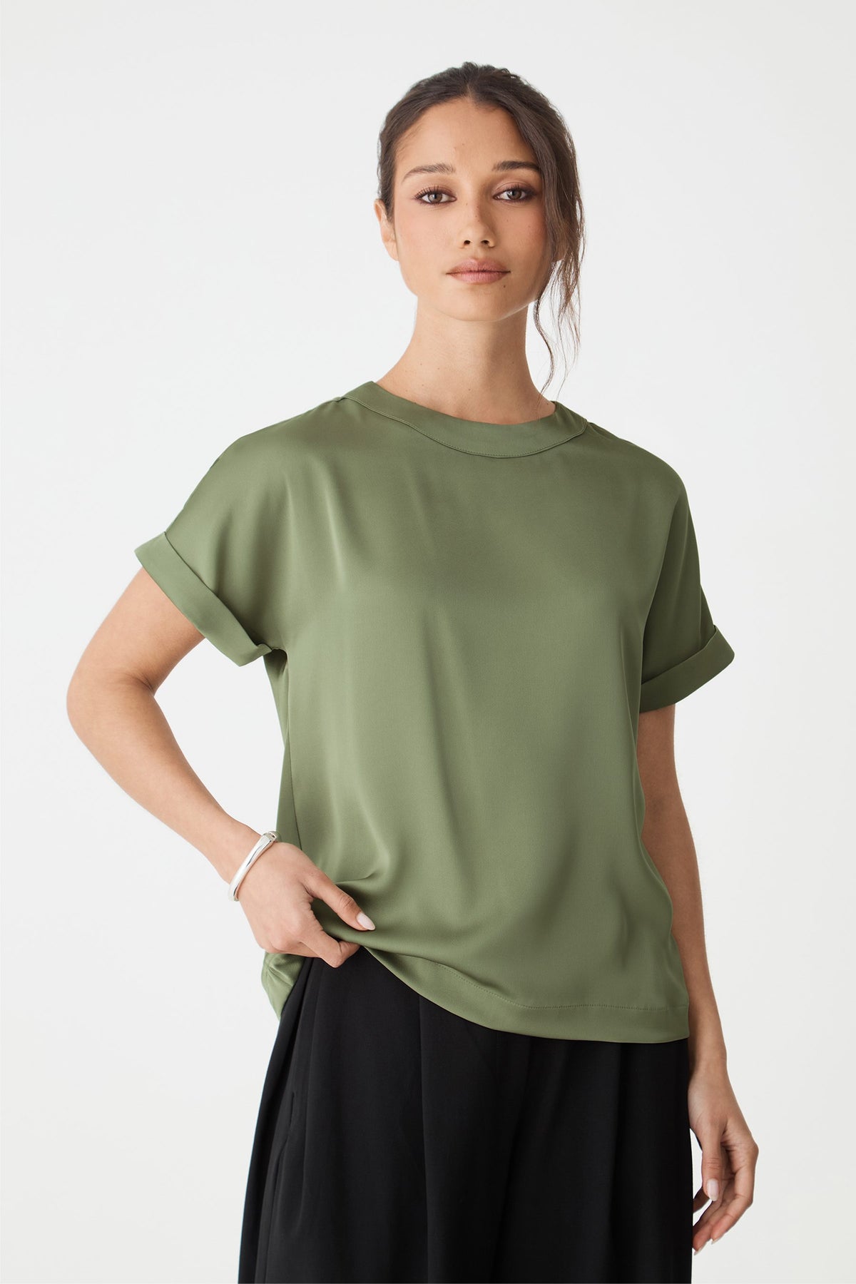 Front close view of the soft khaki satin tee showing round neckline and short cuffed sleeves