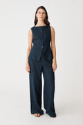Phoebe Linen Lyocell Vest Top in navy, front view worn with matching wide-leg navy pants