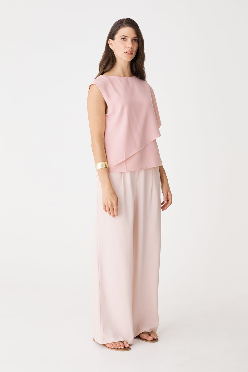 Front view of the dusty pink Cecilia Asymmetric Top with wide-leg trousers