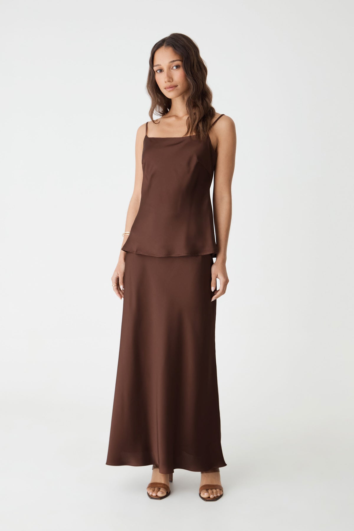 Lindsay Bias Satin Cami in Fudge brown, front view, worn with matching bias satin skirt