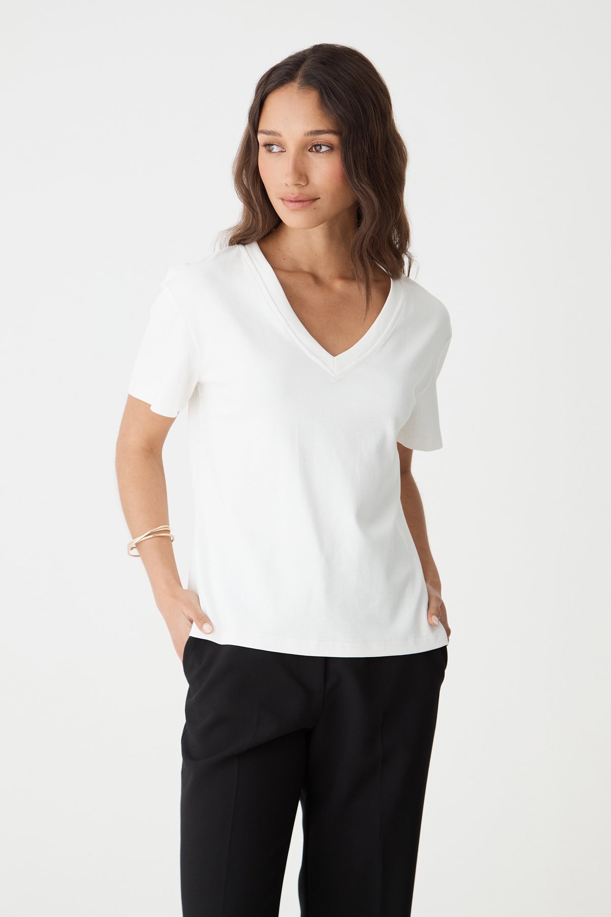 Close front view of the white May V-Neck Cotton T-Shirt showing the V-neck and short sleeves