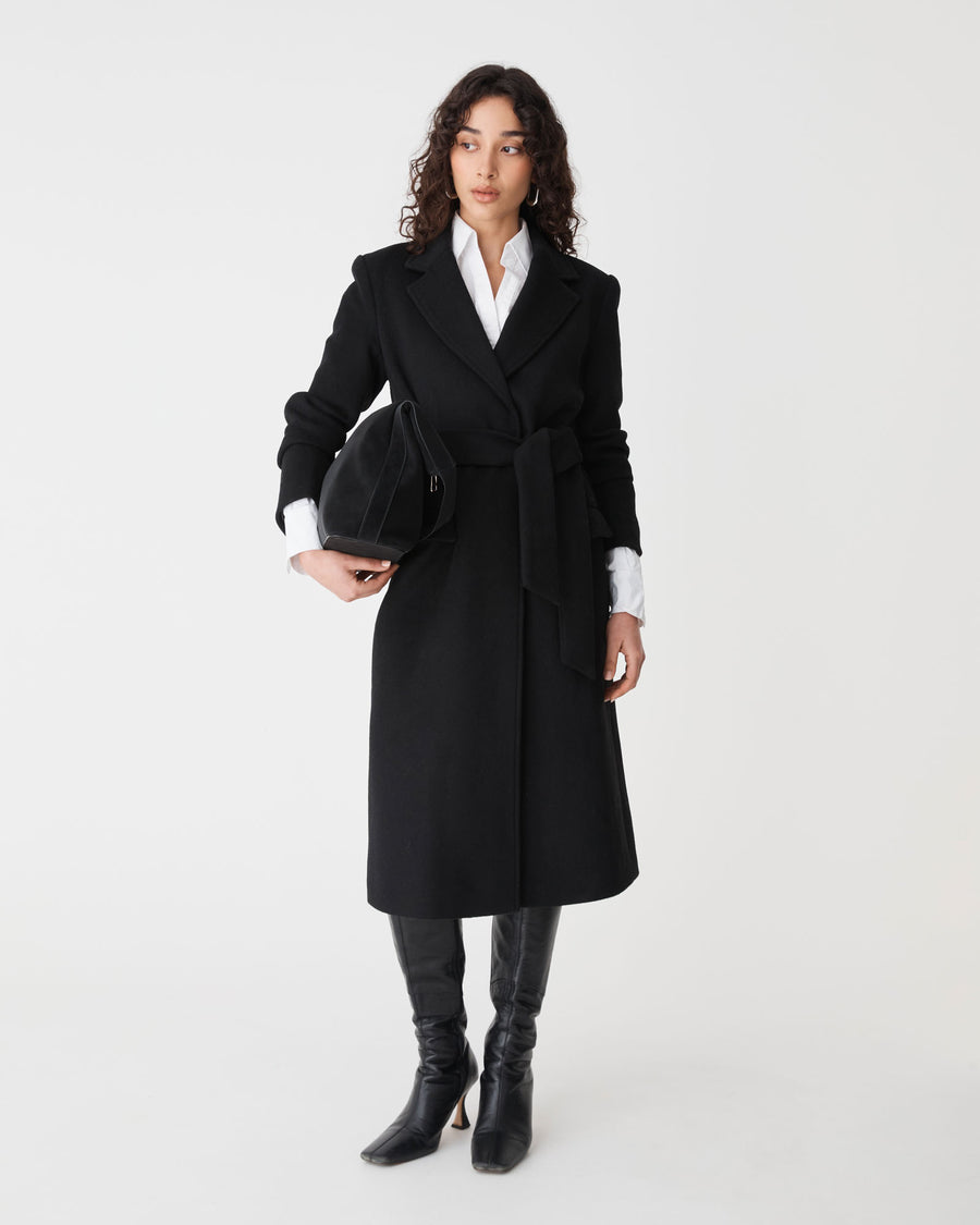 Orla Wool Blend Tie Waist Coat in black — full-length view
