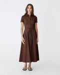 Sophie Pleat Waist Linen Dress in chocolate — full-length view