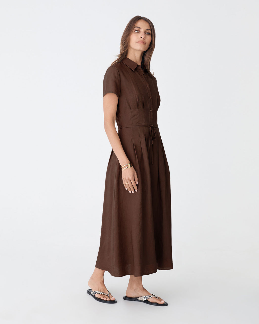 Sophie Pleat Waist Linen Dress in chocolate — side view