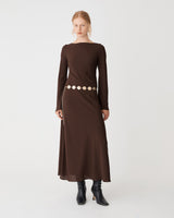 Quinn Bias Tie Waist Dress in chocolate — full-length view