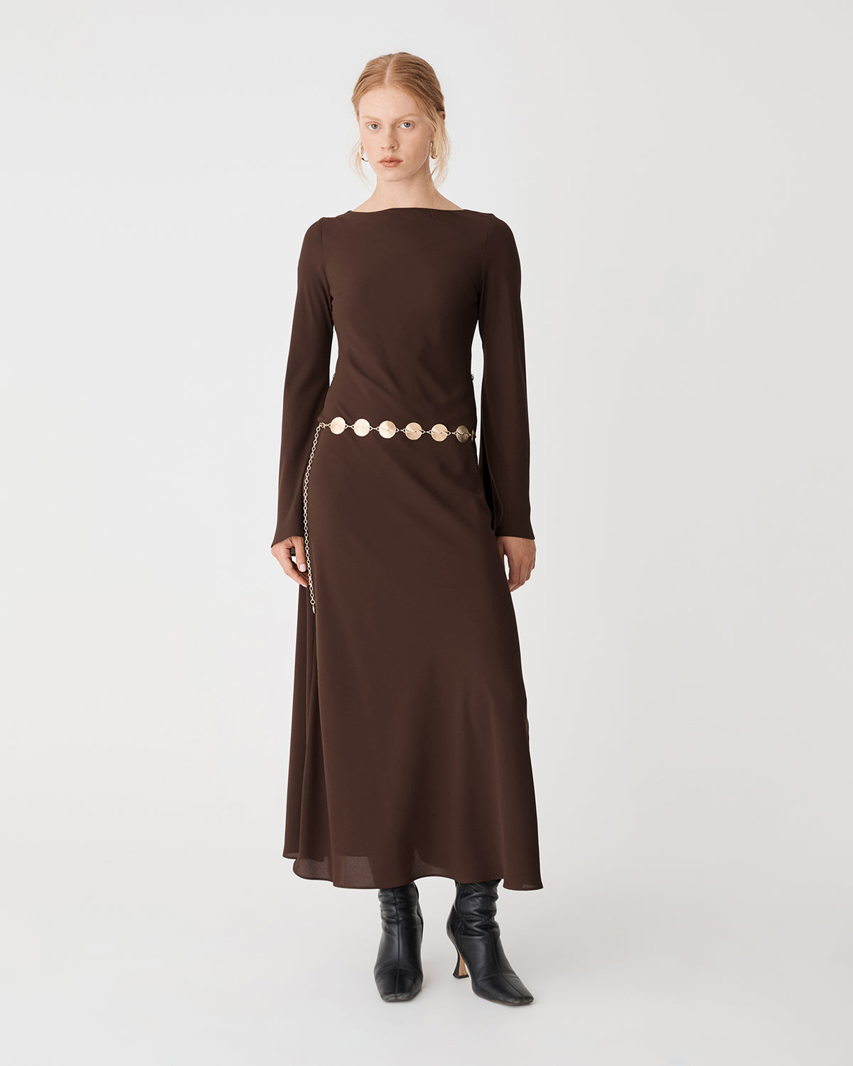Quinn Bias Tie Waist Dress in chocolate — full-length view
