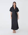 Cleo Lace Trim Satin Dress in black — full-length view