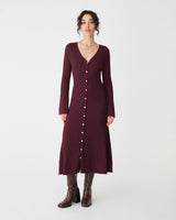Danica V-Neck Rib Knit Dress in mahogany — full-length view