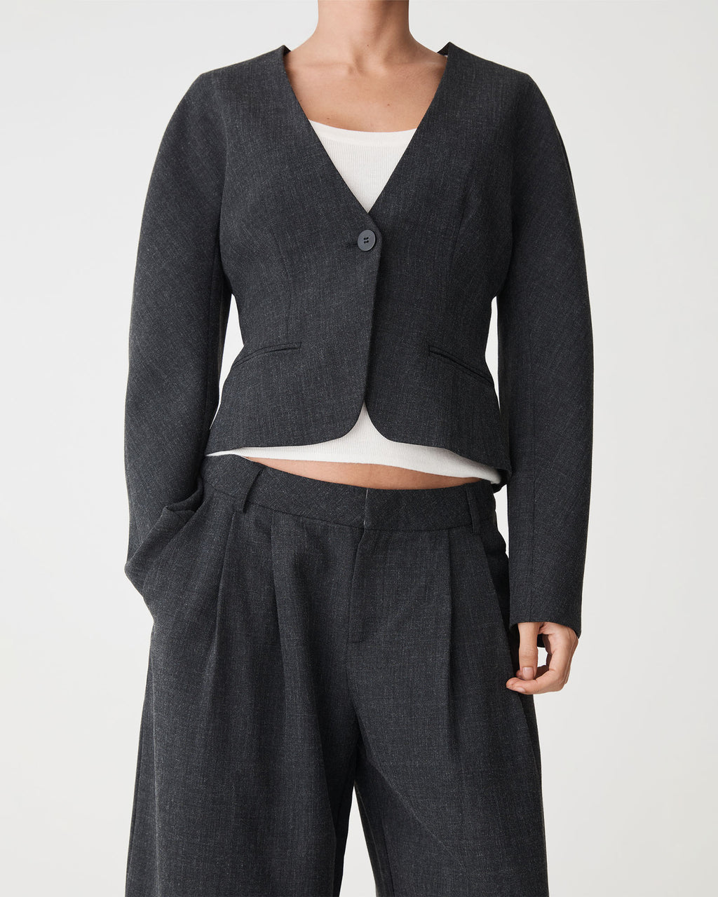 Pippa Rounded Shoulder Blazer in charcoal — close-up view 2