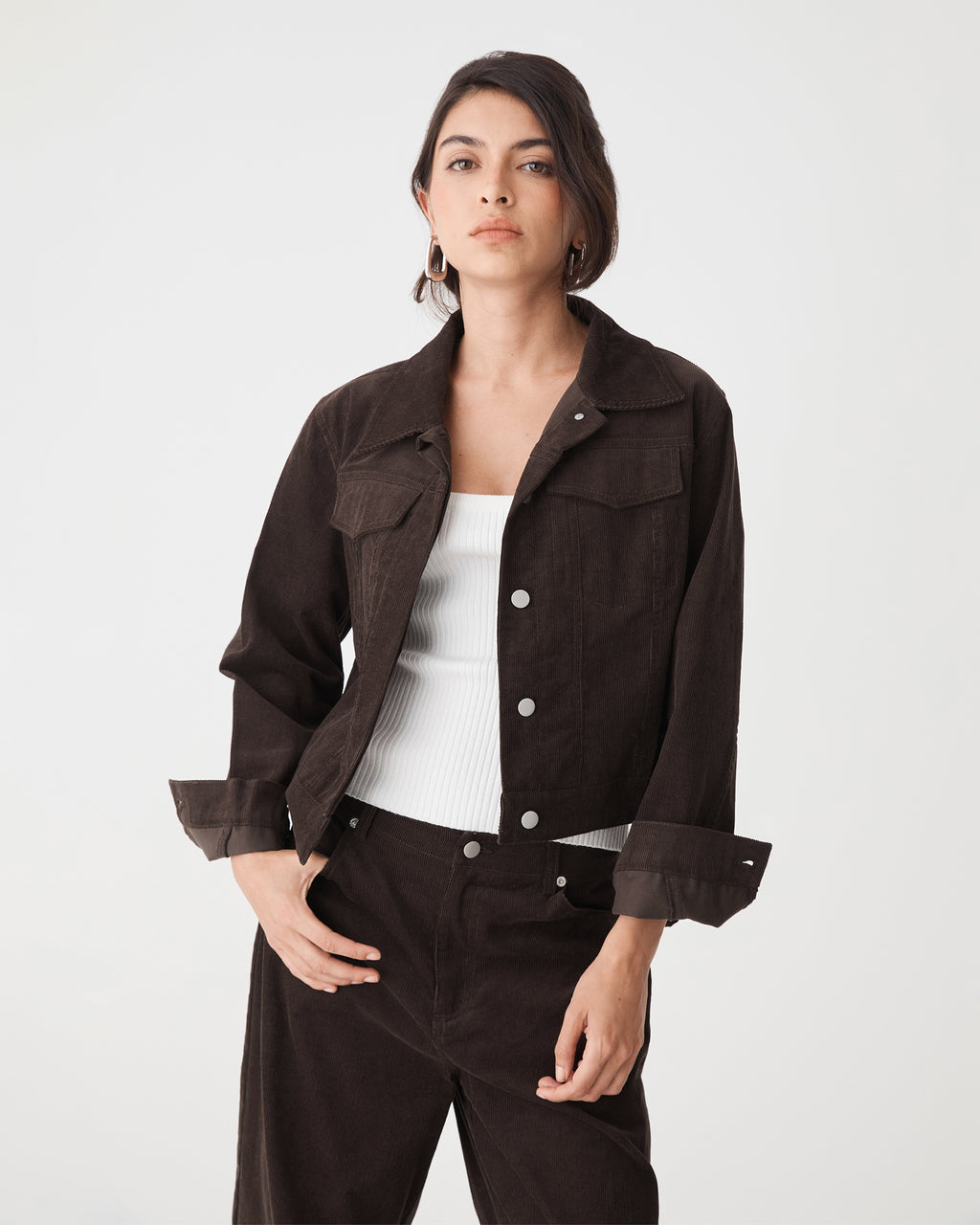 Nya Corduroy Jacket in chocolate — close-up view