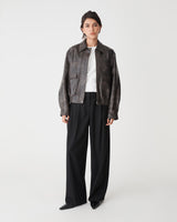 Ada Faux Leather Bomber Jacket in dark brown — full-length view
