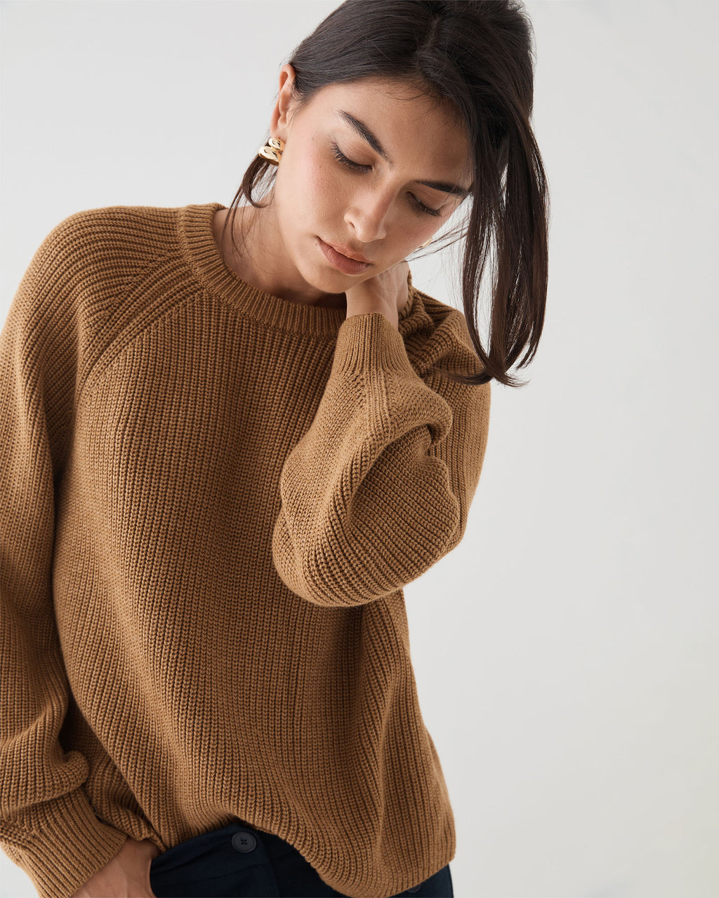 Meg Crew Neck Rib Knit Jumper in dijon — close-up view 2