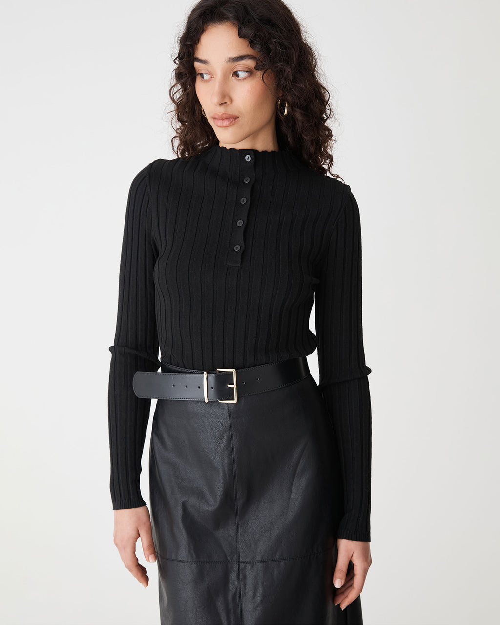 Inez Mock Neck Henley Knit in black — close-up view