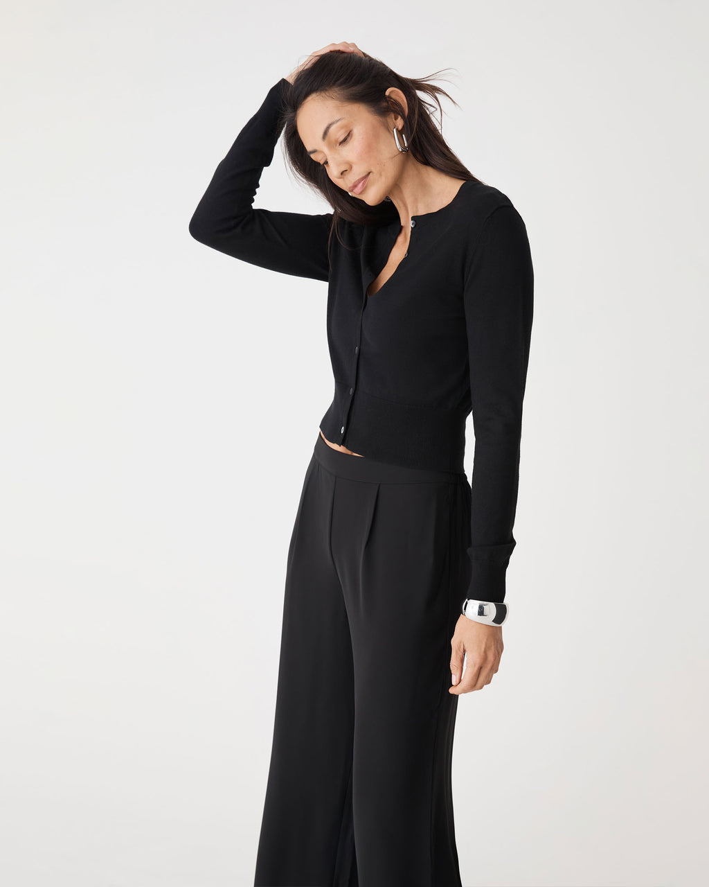 Jessie Crew Neck Cardigan in black — close-up view