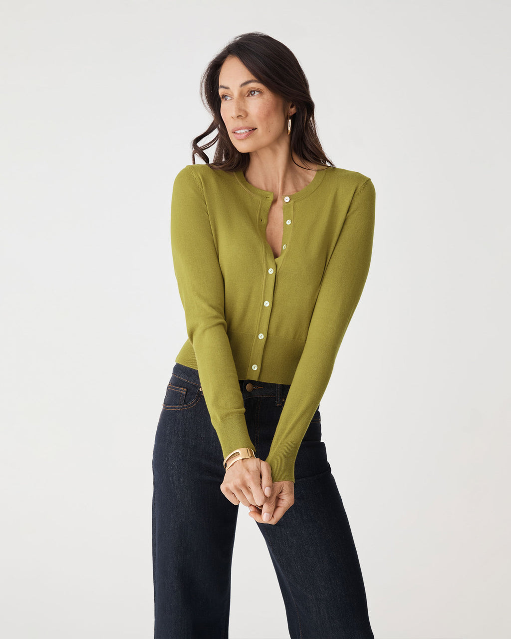 Jessie Crew Neck Cardigan in fennel — close-up view 2