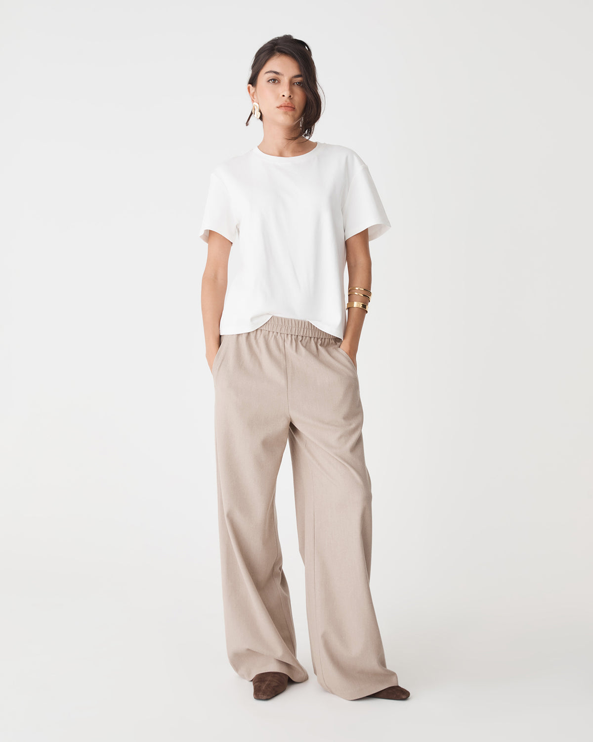 Irene Elastic Waist Pants in oat — full-length view 3