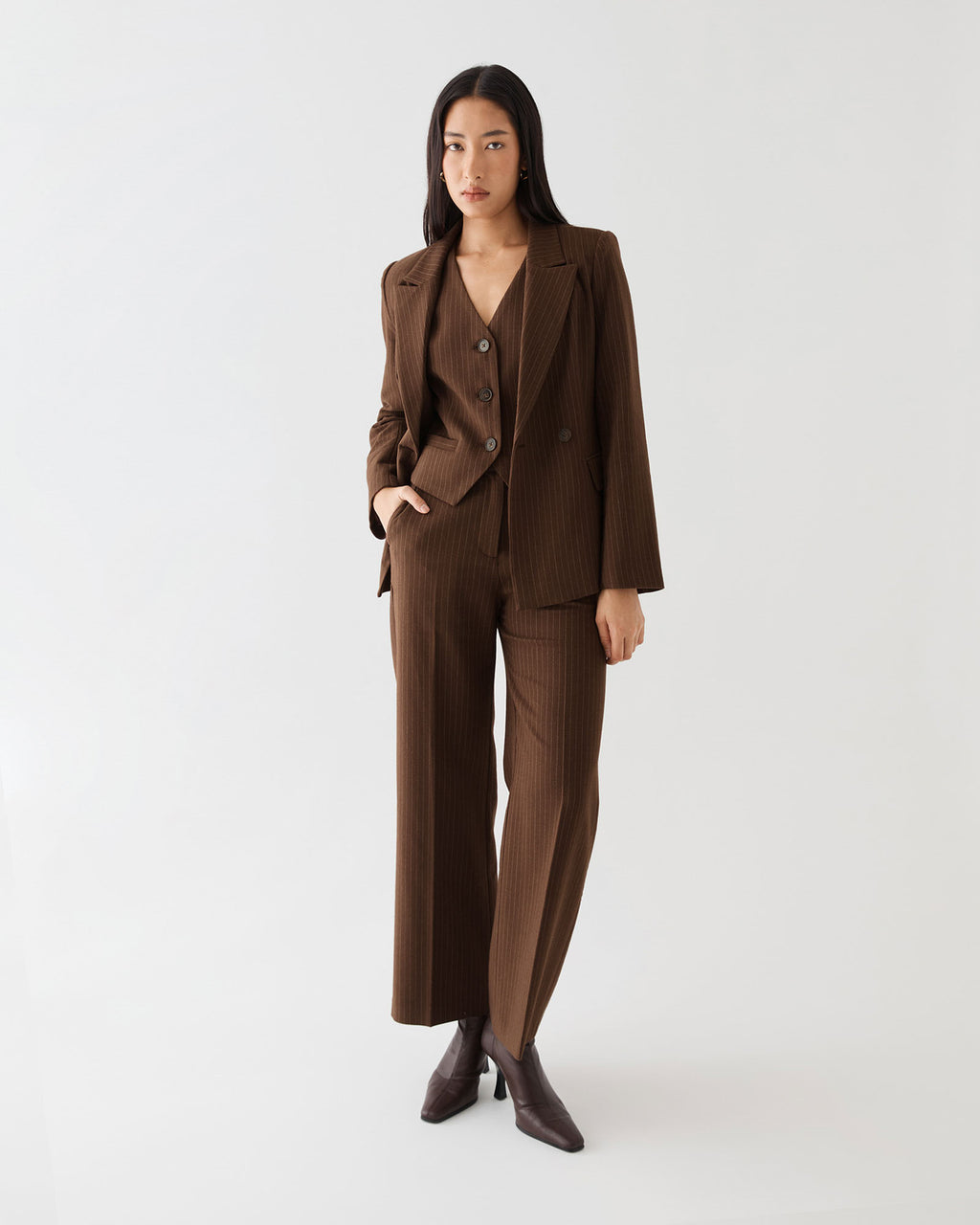 Zara Pinstripe Tailored Pants in chocolate pinstripe — full-length view 3