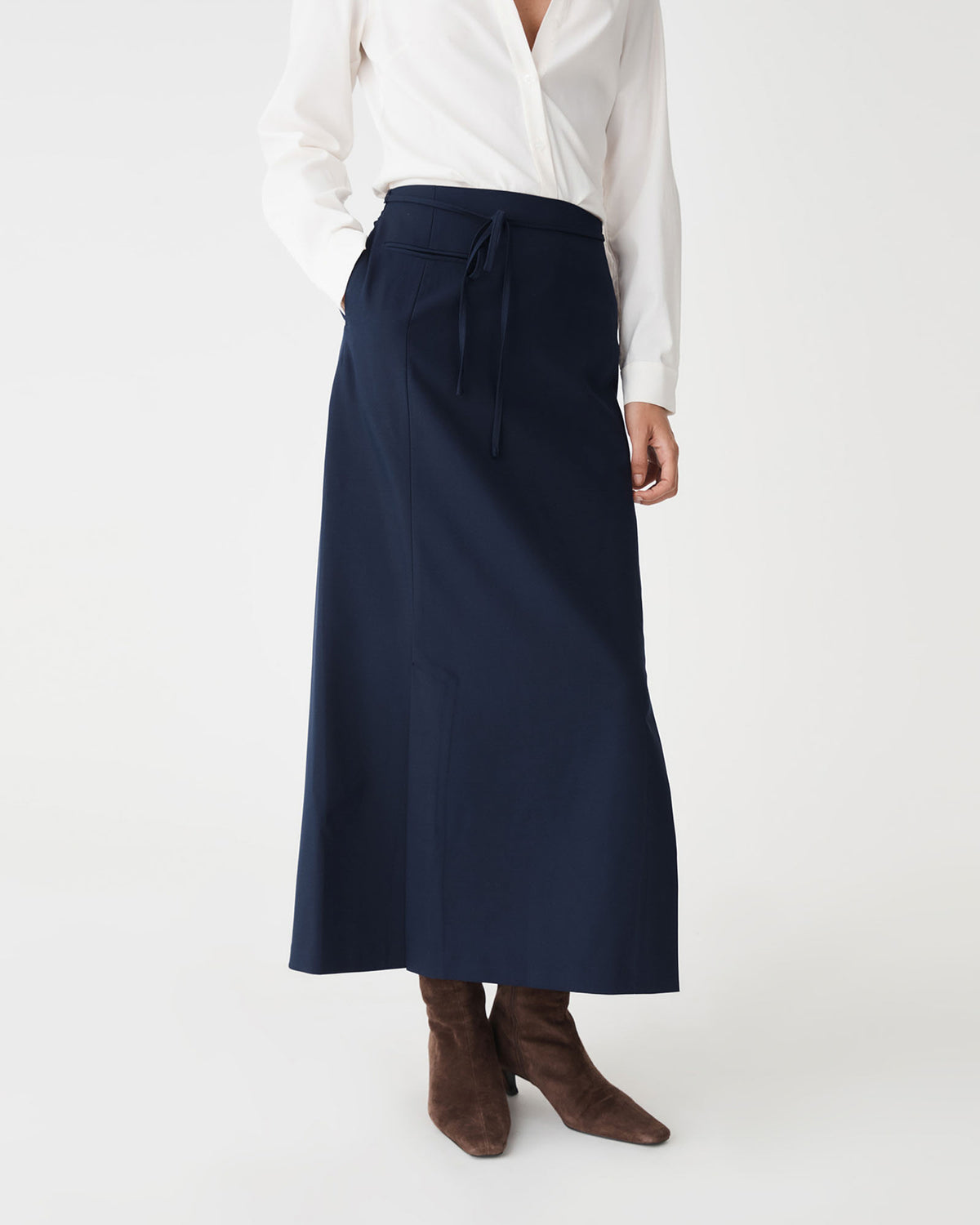 Greta Column Skirt in navy — close-up view