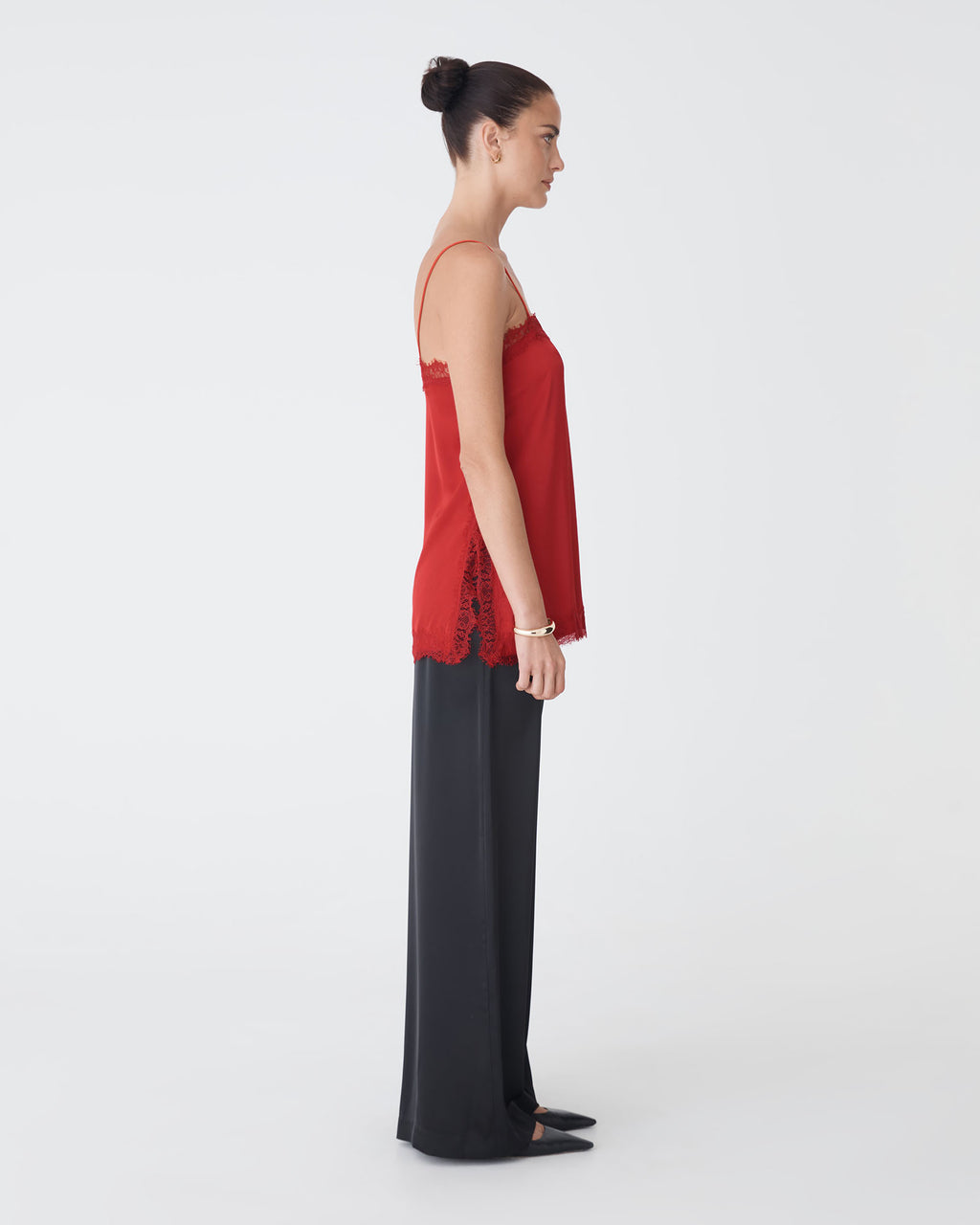 Cleo Lace Trim Satin Camisole in scarlet — side view 2