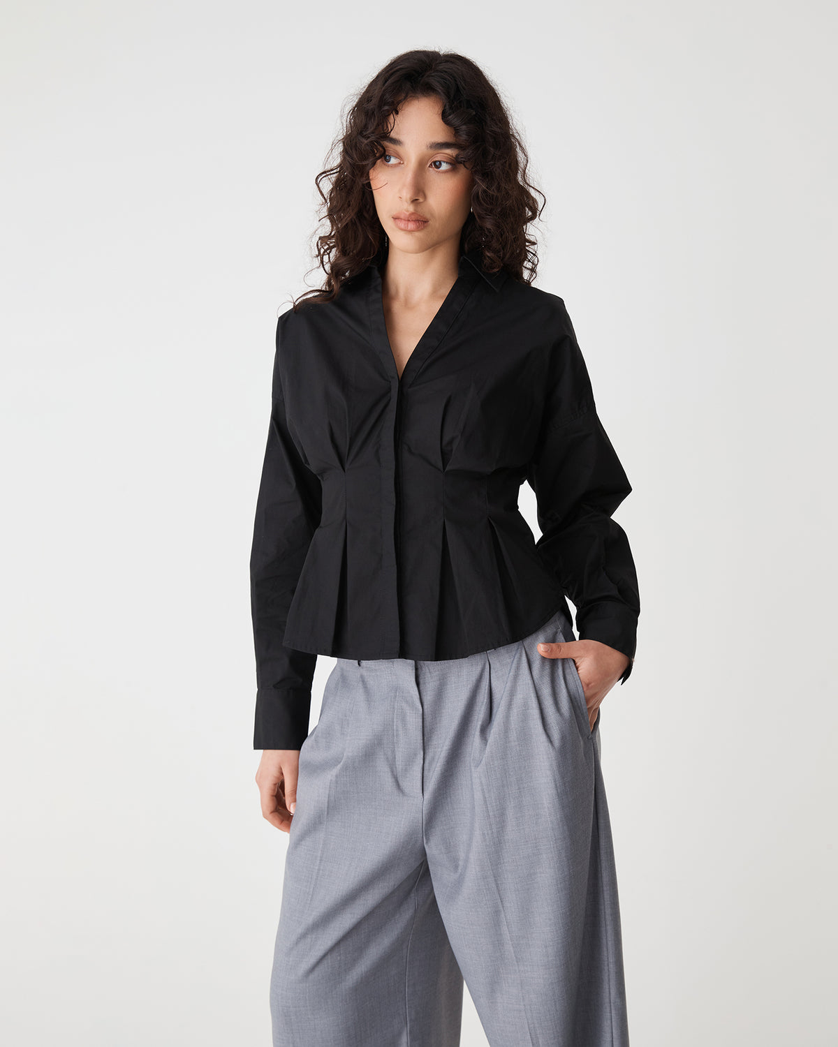 Billie Pleat Waist Shirt in black — close-up view
