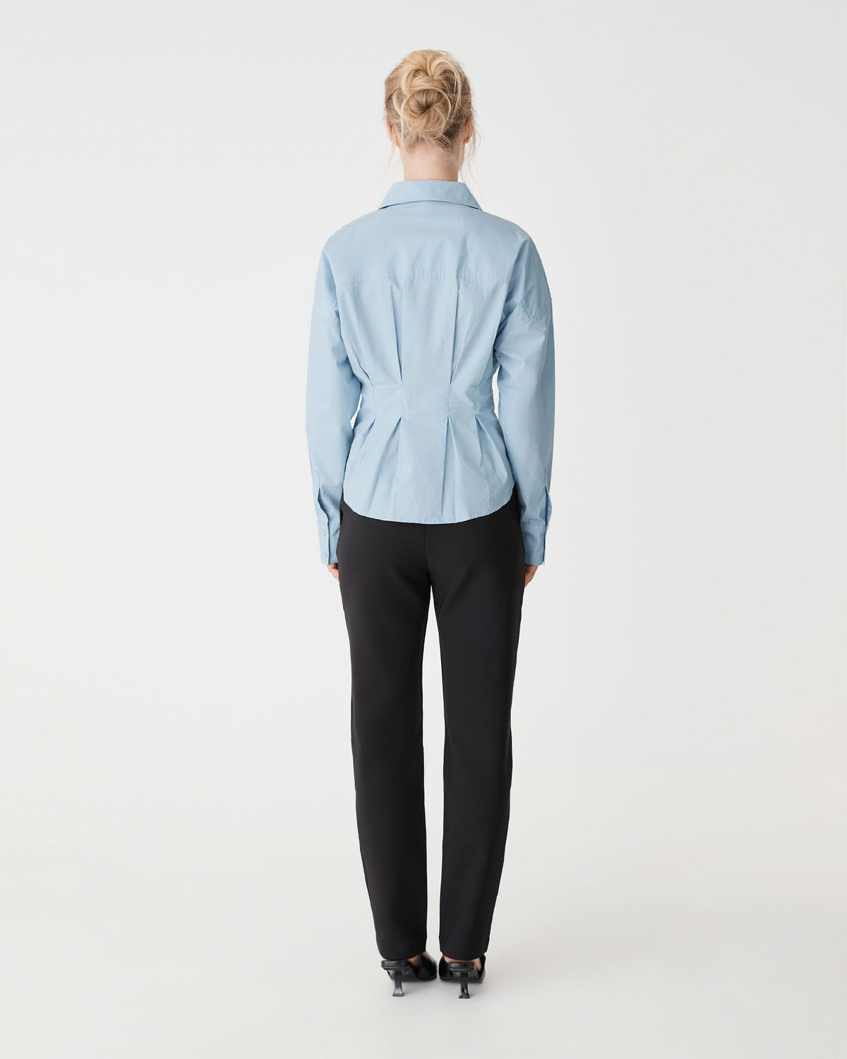 Billie Pleat Waist Shirt in dusty blue — back view