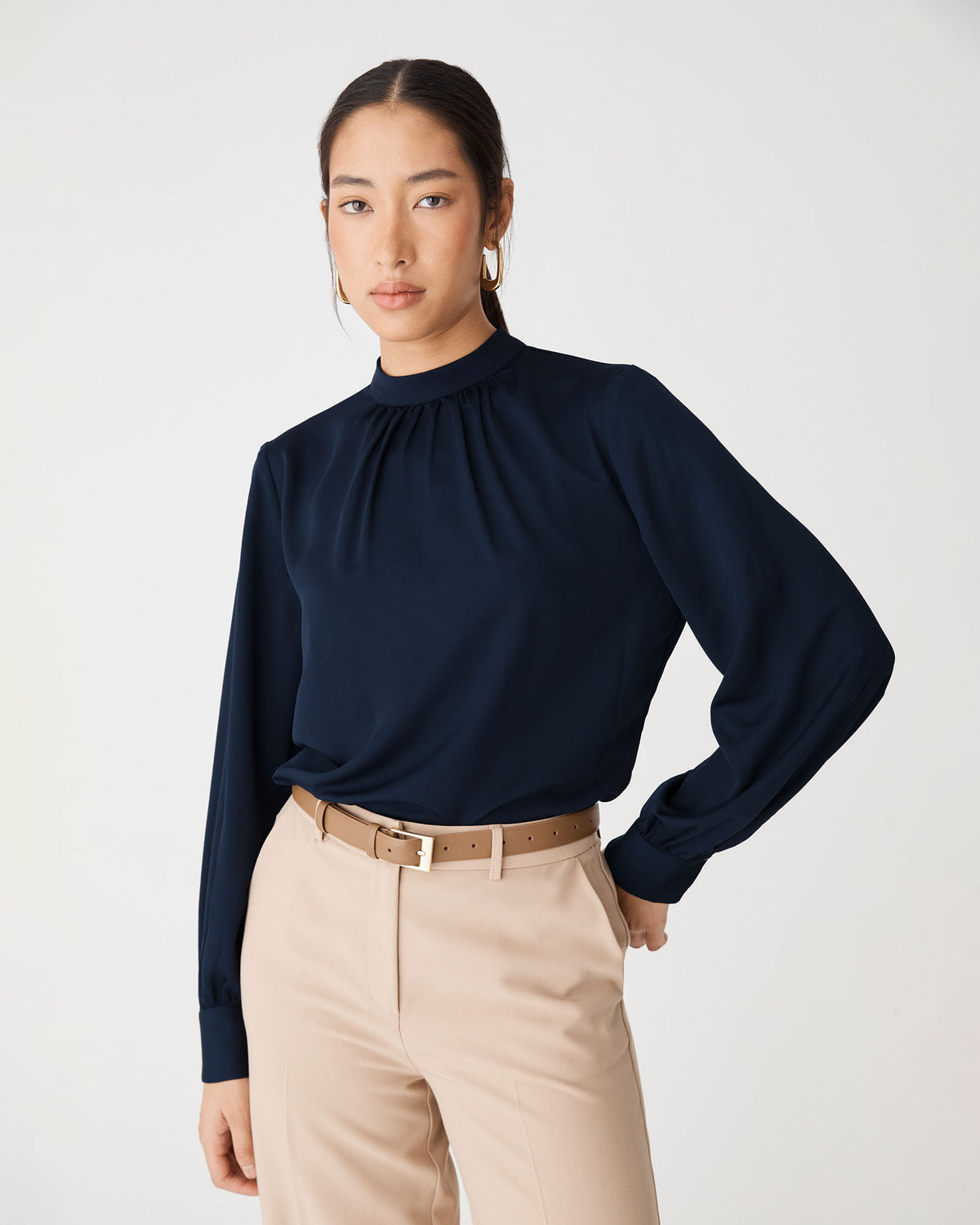 Celene Gathered Neck Top in french navy — close-up view
