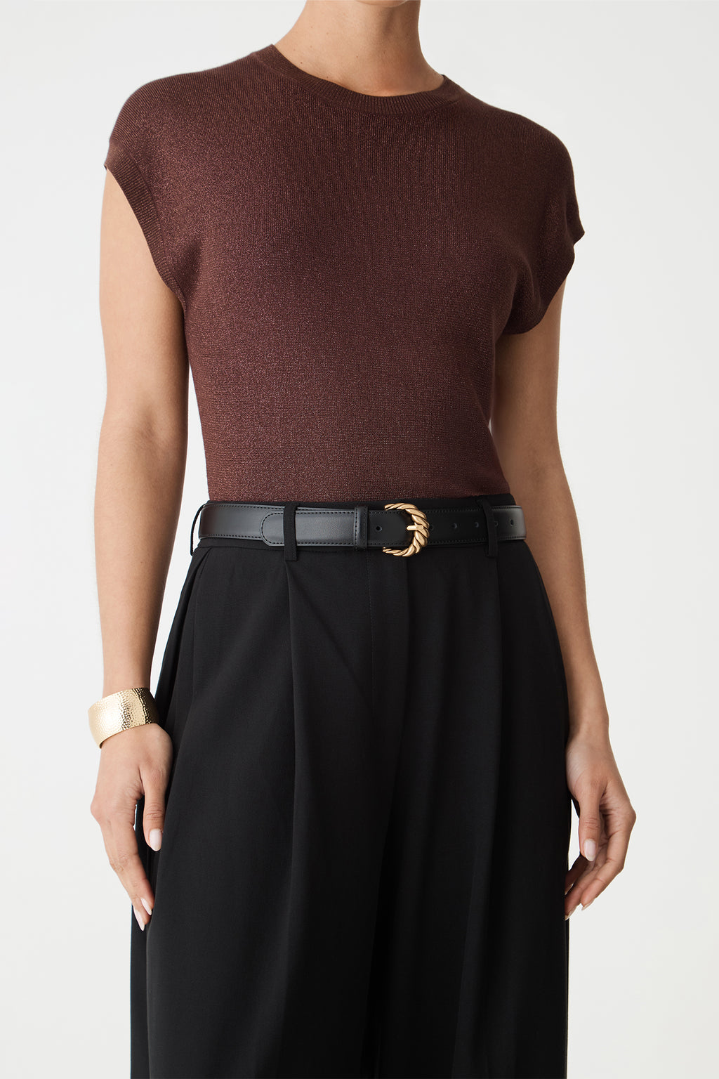 Close-up of the Empire Leather Belt in black showing the gold-tone twisted rope oval buckle
